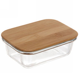 Контейнер стеклянный 400мл "Хай-Тек" прямоугольный с бамбуковой крышкой