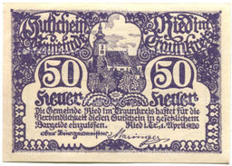 Банкнота 50 геллеров 1920 года Австрия  Рид-им-Траункрайс (нотгельд)