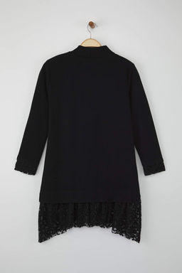 Siyah Dik Yaka Shift/Duz Kesim Uzun Kollu Dantel Garni Detayl? Mini Orme Elbise TWOAW26EL00095