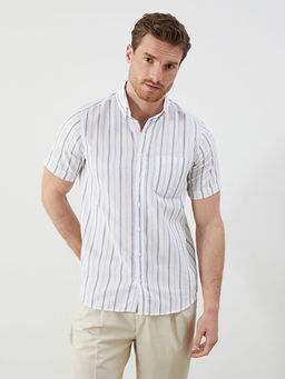 Regular Fit K?sa Kollu ?izgili Poplin Erkek G?mlek