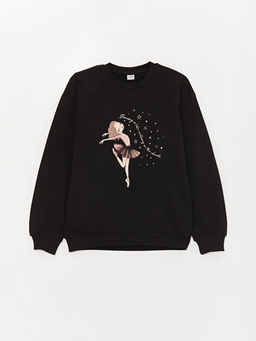 Bisiklet Yaka Bask?l? Uzun Kollu K?z ?ocuk Sweatshirt