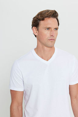 Slim Fit Dar Kesim V Yaka Pamuklu K_sa Kollu Beyaz Ti__rt ET4800000001BYZ