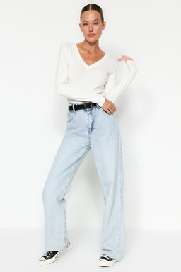 Ekru Premium Yumusak Kumasl? V Yaka Fitted/Vucuda Oturan Esnek Orme Bluz TWOAW24BZ00050