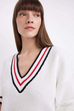 Свитер из ткани Selanik Relax Fit с V-образным вырезом - Defacto фото 5