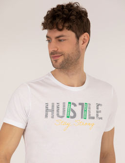 Beyaz Slim Fit Bask_l_ Bisiklet Yaka Ti__rt