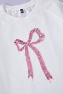 Beyaz K?z Cocuk %100 Pamuk Kurdele Bask?l? K?sa Kol Orme T-Shirt TKDSS25TS00093 - Trendyolmilla фото 2