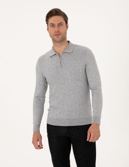 A__k Gri Melanj Regular Fit Polo Yaka Fermuarl_ Triko Kazak
