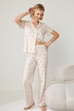 Bej %100 Pamuklu Kedi Desenli _rme Pijama Tak_m_ THMAW27PT00015