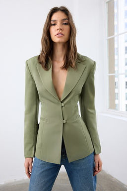 Ac?k Haki Arkas? Baglama Detayl? Fitted/Bele Oturan Dokuma Blazer Ceket TWOAW26BC00032