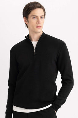 Gri Standart Fit Normal Kesim Dik Yaka Fermuarl? Basic Duz Triko Kazak - Defacto фото 2