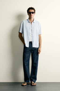 CAMISA REGULAR FIT ALGOD?N - LINO / Azul cielo