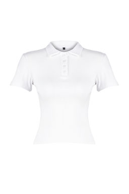 Trendyolmilla Siyah Polo Yaka Dugmeli K?sa Kol Esnek Fitilli Orme Bluz TWOSS24BZ00111  фото 7
