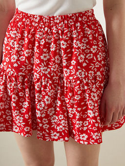 Beli Lastikli ?i?ekli Kad?n ?ortlu Etek