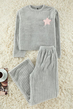 Trendyolmilla Gri Y?ld?z Nak?sl? Cizgili Bol Kal?p K?sl?k Wellsoft Orme Pijama Tak?m? THMAW25PT00234