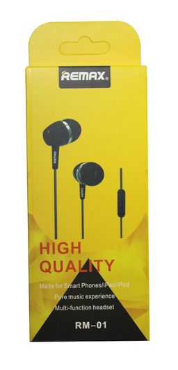 Наушники (RM-01) "Remax" с микрофоном, черные, в коробке