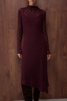Ozel Koleksiyon Murdum Duz Asimetrik Bodycon/Vucuda Oturan Maxi Orme Dantel Elbise TWOAW26EL00057