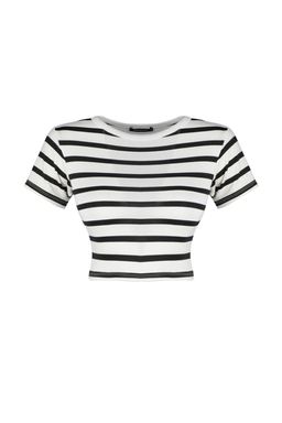 Trendyolmilla Premium Ekru-Ekru Kahverengi Cizgili 2li Paket Viskoz Crop Esnek Orme Bluz TWOSS23BZ00194  фото 21