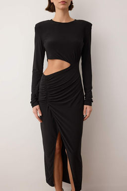 Trendyolmilla Siyah Kruvaze Yaka Cut Out/Pencere Detayl? Orme S?k Abiye Elbise TPRAW23EL00272 фото 19