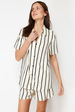 Trendyolmilla Ekru Cizgili Yaka Detayl? Viskon Sortlu Dokuma Pijama Tak?m? THMSS24PT00050 фото 4