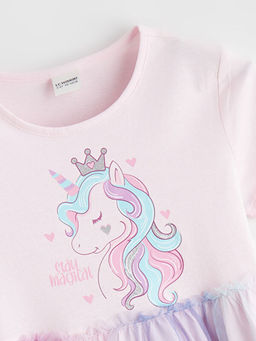 Bisiklet Yaka Bask?l? K?z ?ocuk Prenses Elbisesi