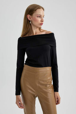 Приталенная футболка с открытыми плечами и длинными рукавами - Defacto фото 6