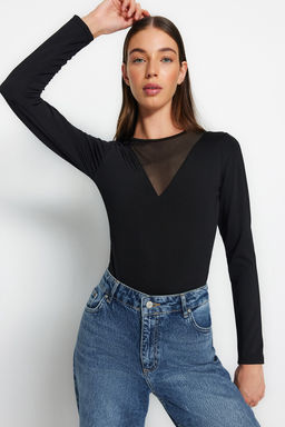 Siyah Bisiklet Yaka Tul Dekolteli Alttan C?tc?tl? Esnek Orme Body TWOAW24BD00012