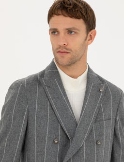 Gri Ex.Slim Fit %100 Y_n _izgili Kruvaze Ceket