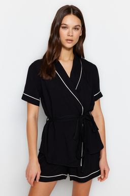 Trendyolmilla Siyah Kusakl? Biye Detayl? Viskon Sortlu Dokuma Pijama Tak?m? THMSS23PT00203  фото 13