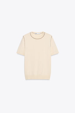 SHORT SLEEVE KNIT TOP WITH PIPING