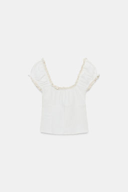 TOP CUADRO VICHY ENCAJE / Crudo / Beige - Zara фото 6