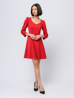 Платье красного цвета длины мини с рукавами 3/4 и v-образным вырезом - 1001dress фото 2