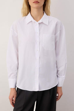 Beyaz Tek Cepli Boyfriend/Genis Kal?p Pamuklu Dokuma Gomlek TWOAW20GO0115