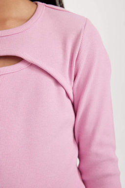 Облегающая футболка с круглым вырезом и длинными рукавами в рубчик для девочек - Defacto фото 5