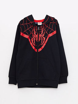 Kap??onlu Spiderman Bask?l? Uzun Kollu Erkek ?ocuk Fermuarl? Sweatshirt