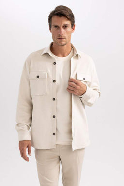 Замшевая куртка-рубашка стандартного кроя с воротником-поло и длинными рукавами - Defacto фото 6