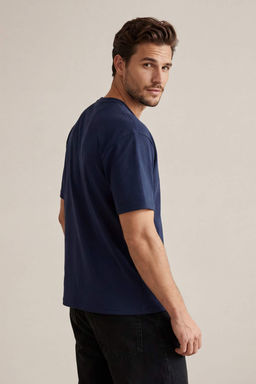 Lacivert Premium Wardrobe Essentials Dusuk Omuz Regular Fit Basic T-Shirt TMNSS26TS00010