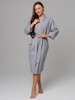 Женский укороченный вафельный халат с планкой серый В-11 (20)