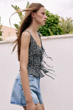 TOP DRAPEADO CUADRO VICHY / Crudo / Azul