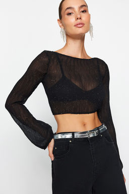 Trendyolmilla Siyah Par?lt?l? S?rt Detayl? Bluz TPRAW24BZ00004  фото 2