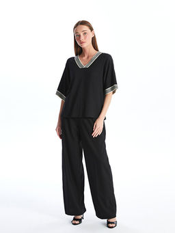 V Yaka ?erit Detayl? Oversize Kad?n Bluz