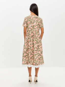 Платье из хлопка без воротника OD-727-13 розовые цветы зеленые листья