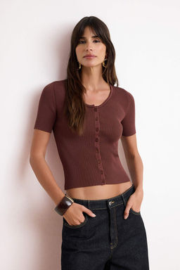 Kahverengi More Sustainable Basic V Yaka Bluz TWOSS26BZ00504