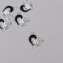 Цена за 5 шт. Декор для творчества металл, стразы «Сердце с цветочком», серебро, чёрный, 2×1.7×0.3 см