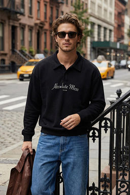 Siyah Oversize/Geni_ Kesim Yaz_ Bask_l_ Polo Yaka Sweathisrt TMNAW25SW00019