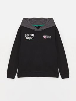 Bask?l? Uzun Kollu Erkek ?ocuk Hoodie
