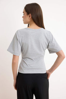 Gri Melanj Fitted/Vucuda Oturan V Yaka K?sa Kollu Pamuk Ribana Orme T-shirt TWOSS26TS00263 - Trendyolmilla фото 4