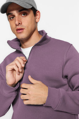 Mor Regular/Normal Kesim Dik Yaka Fermuarl? Pamuklu Basic Ici Polarl? Sweatshirt TMNAW24SW00041