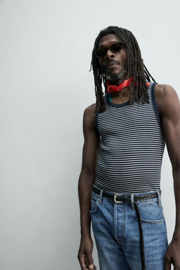 CAMISETA TANK JACQUARD RAYAS X AARON LEVINE / Azul / Blanco