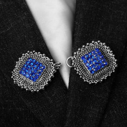 Зажим для кардигана «Квадраты», синий в чернёном серебре