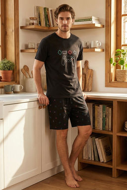 TRENDYOL MAN Siyah Regular Game Bask?l? Orme Sortlu Pijama Tak?m? TMNSS25PT00077 - Trendyolmilla фото 5